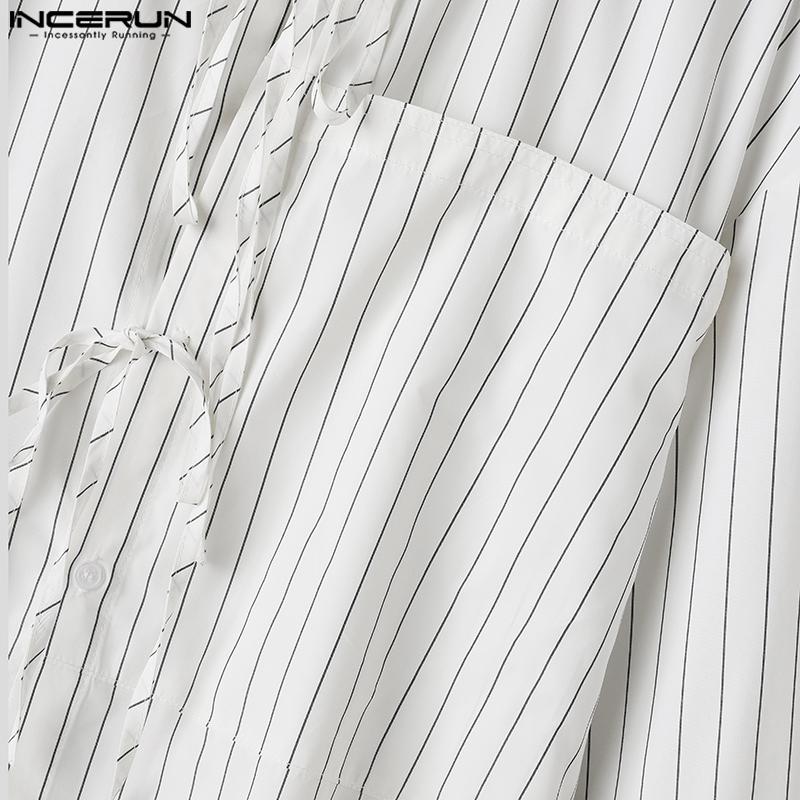 INCERUN Podzimní pánské stojací límeček s dlouhým rukávem pruhované košile Bagge Bandage Tops