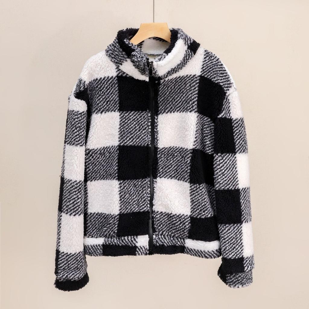 Checked Top Women's Long-sleeved Pullover Plaid Print Crew Neck Double-sided Plush Regular Plush Sweater