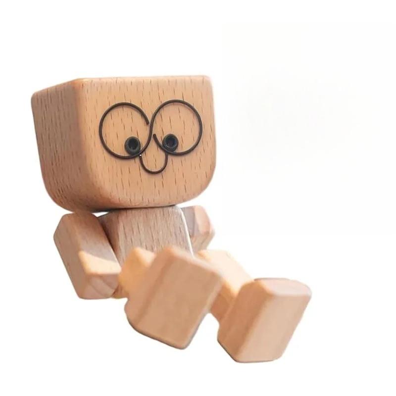 Wooden Man Figurine Car Decoration Small Ornaments Leg-swinging Robot Figurine Cute Wood Man Car Good Creative Gifts