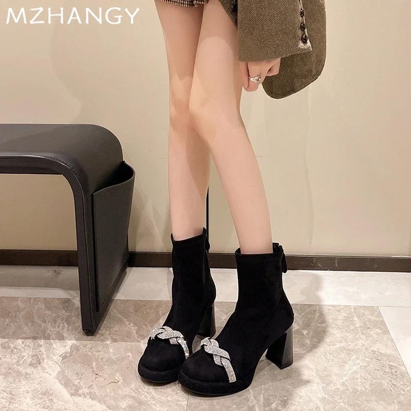 Mode Hohe Absätze Kristall Damen Stiefeletten Wildleder Sexy Klobige Schuhe Frau 2025 Trend Elegante Chelsea Boots Pumps Neu Winter Mujer Botas