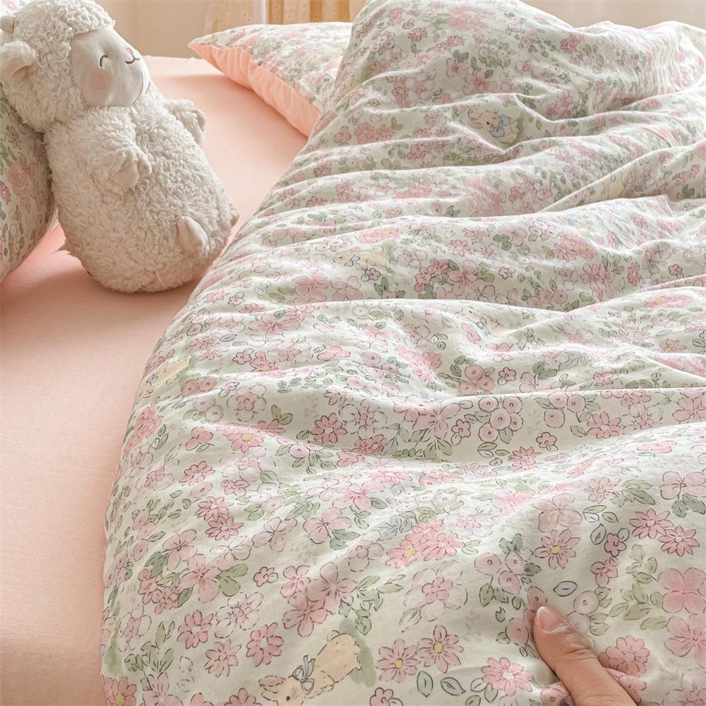 Pure Cotton Class A Maternal And Infant Grade Double-Layer Yarn Four-Piece Set, Summer Breathable Small Floral Dormitory Can Be Washed Without Pilling