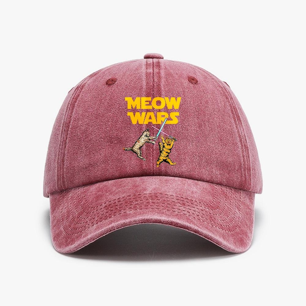 Meow Wars Cat Funny Hat Gifts For Cats Lovers Baseball Cap Fashion Vintage Washed Denim Hat Summer Breathable Adjustable Hats