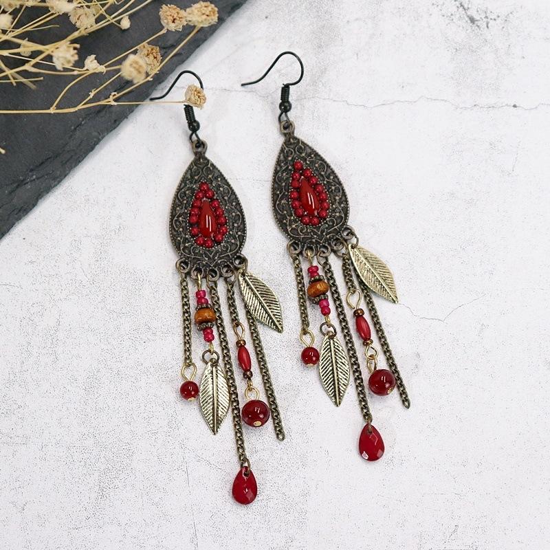 

Vintage Bohemian Antique Gold Color Water Drop Earrings Women Ethnic Wood Beads Metal Leaf Chain Tassel Earring Pendientes Mujer красный