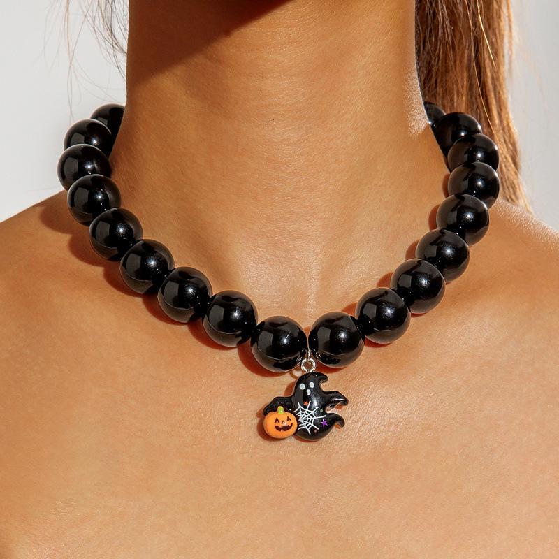 Accessories, Halloween creative pumpkin colored ghost necklace, funny beaded acrylic necklace for women