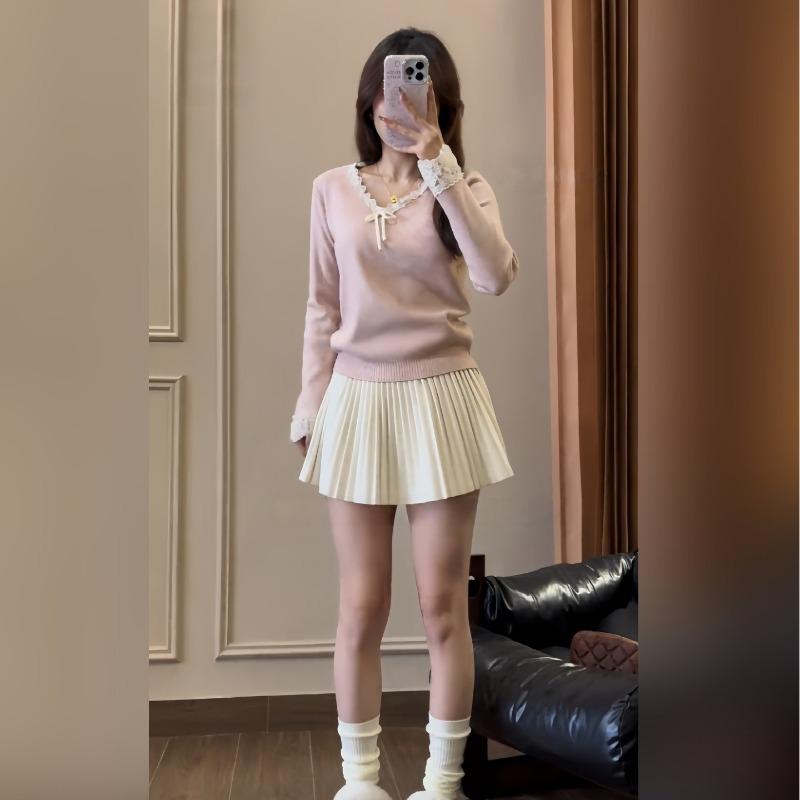 Lace V-neck Knitted Sweater Women's Autumn and Winter Slim-fitting Waist Long-sleeved Inner Top Soft Waxy Backing Fashionable Sweater