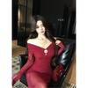Elegant Mature Women's One-Shoulder Mesh Long-Sleeve Slim Fit Formal Dress 2026