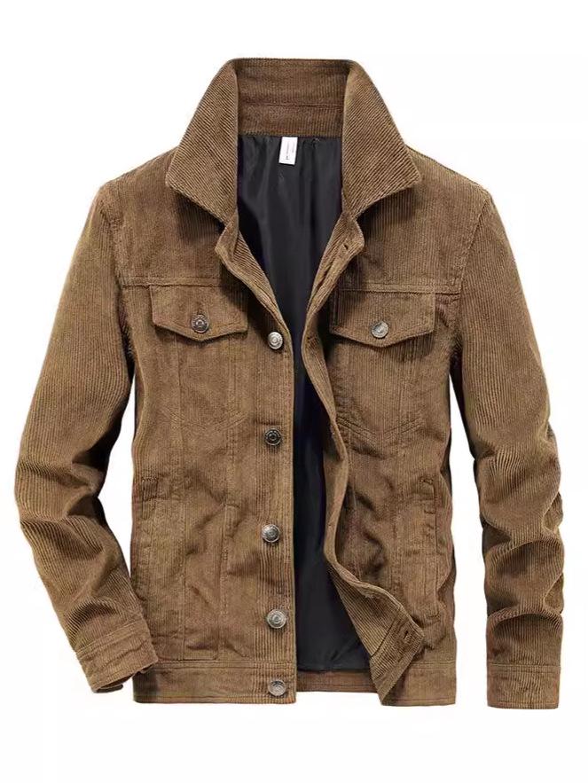 Men's Retro Corduroy Lapel Jacket - Spring/Autumn Casual Workwear, Loose Fit Pure Cotton