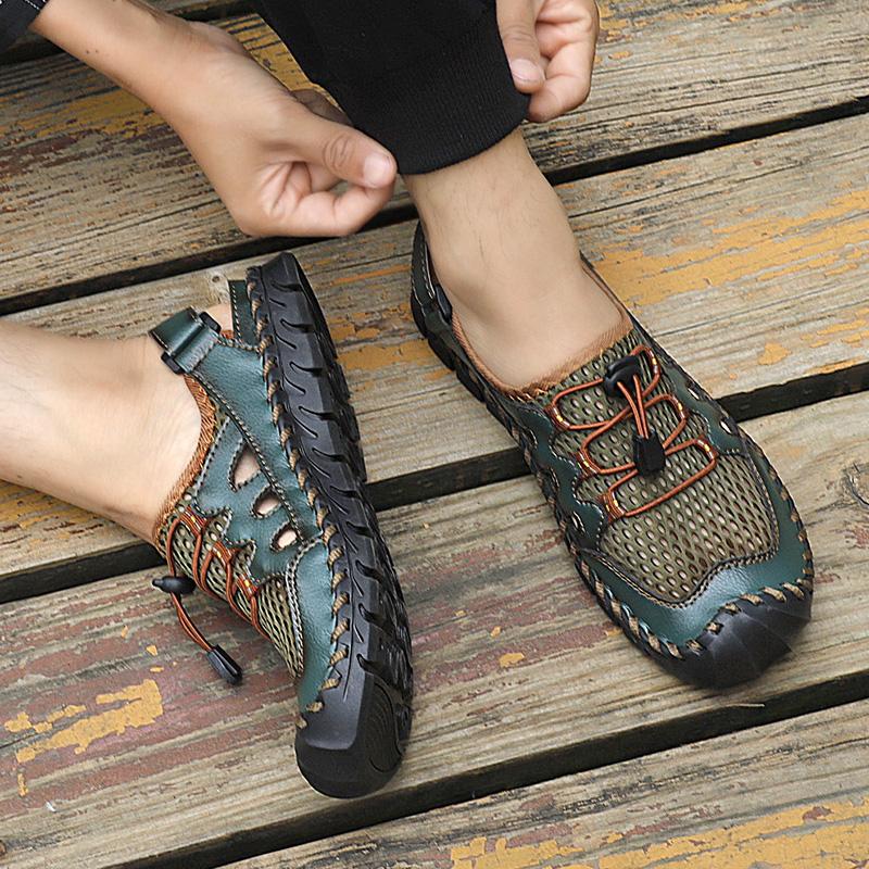 Mens Genuine Leather Sandals  Closed Toe Sandals Hand-stitched Summer Men Sandals Breathable Outdoor Men Beach Sandals