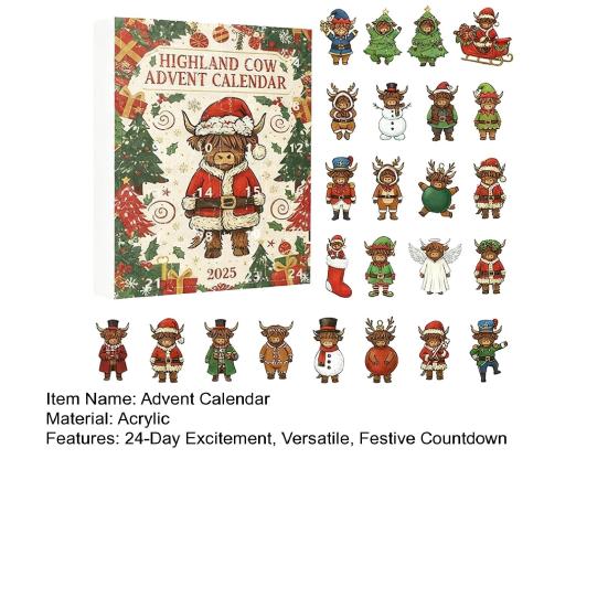 Highland Cow Christmas Advent Calendar 2025 24 Day Countdown Box Acrylic Hanging Decor