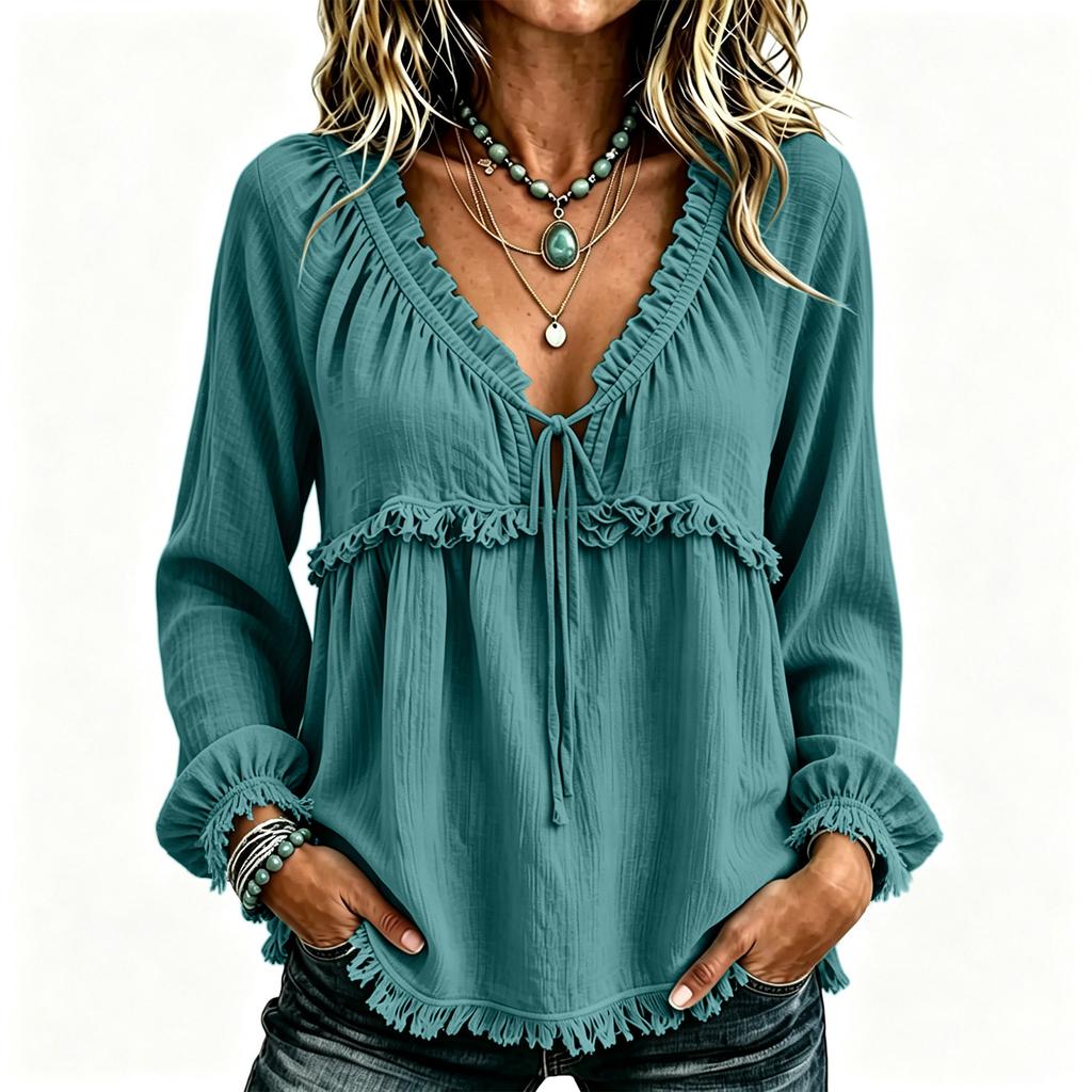 Women's Casual V-Neck Long Sleeve Cotton Linen Top Color