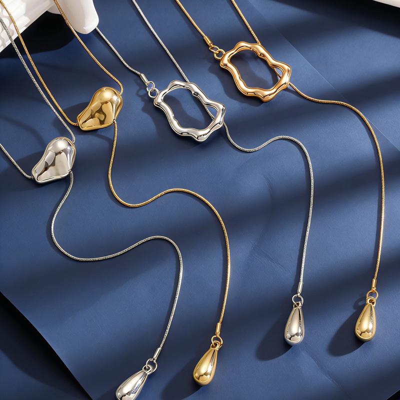 Minimalist CCB Water Drop Pendant Adjustable Necklace for Women Fashion Circular Hollow Irregular Long Sweater Chain Jewelry