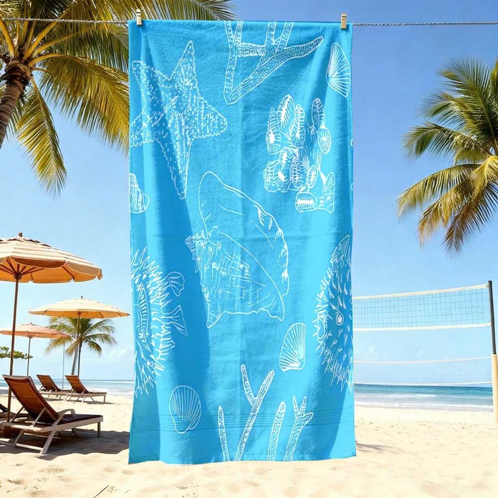 Blue Shell Starfish Microfiber Beach Towel 1 Piece Set 2D Flat Printed Sandproof Waterproof Holiday Sea Sunbed Lounger Towel