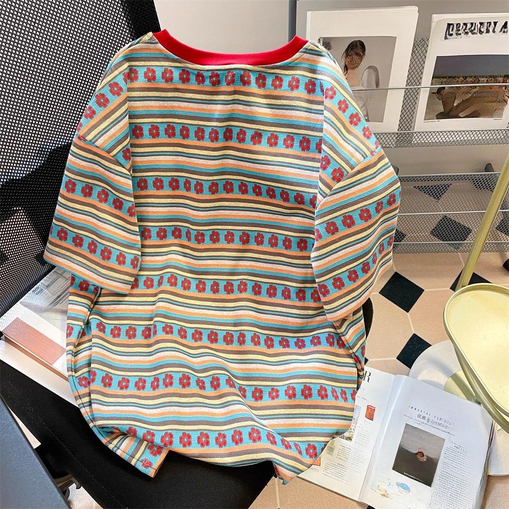 2024 Letní barevné tričko s květinovým potiskem pro ženy Oblečení Harajuku vintage Nadměrné tričko z čisté bavlny Dámské luxusní oblečení Y2k Topy