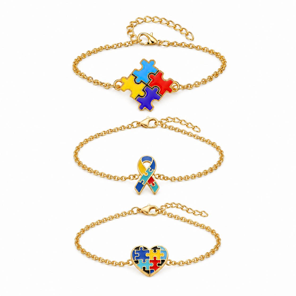 3pcs Autism Awareness Medical Alert Bracelets Set, Autism Puzzle Heart Charm Adjustable Bracelet, Careful Autism Patient Jewelry