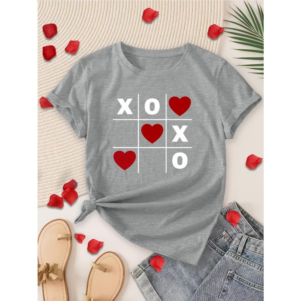 Valentine's Day Gift Women's Elegant Style Short Sleeve XO Love Well Grid Printed Round Neck Aesthetic Clothes