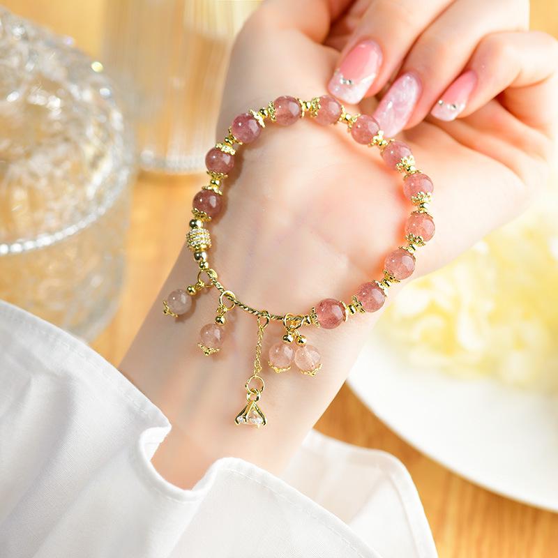 

Natural Strawberry Quartz & Zircon Beaded Bracelet with Tassel Pendant - Elegant Girl s Accessory