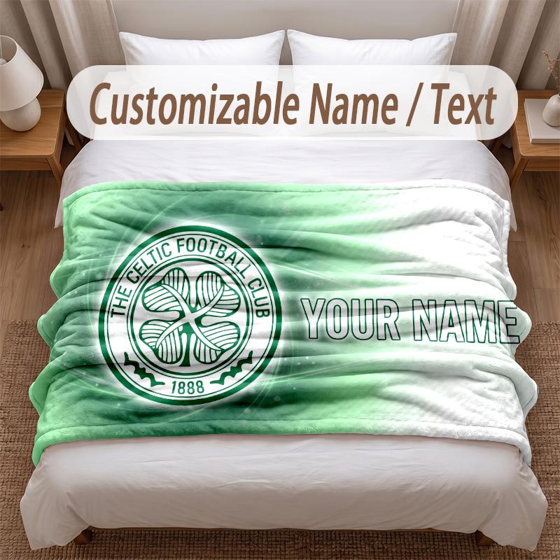 Celtic FC Printed Flannel Blanket Custom Name Text Soft Warm Throw For Bedroom Holiday Gift