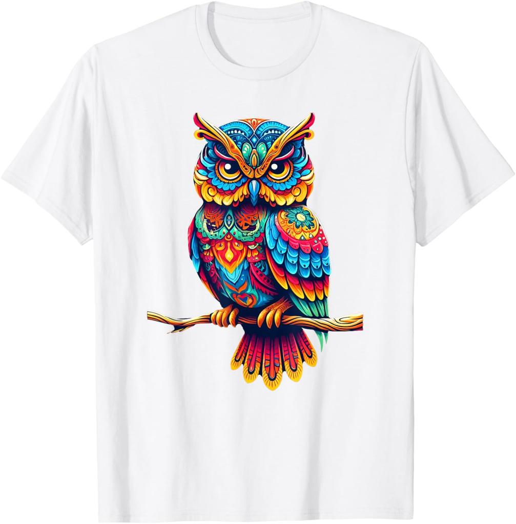 Colorful Psychedelic Owl Perched on Branch Graphic T-Shirt Casual Cotton Tee for Men