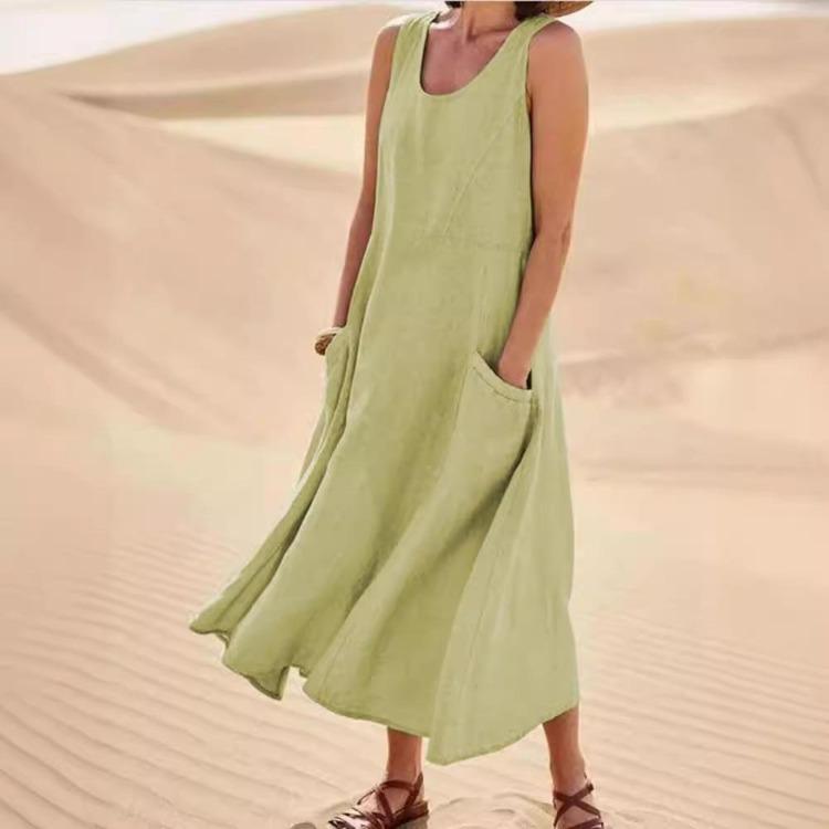 Ladies Summer Cotton Linen Dress European American Style Round Neck Sleeveless Pocket