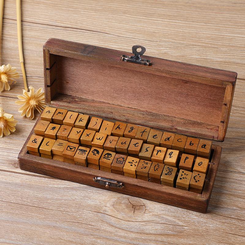 Retro English Letter & Number Decorative Stamp Set In Wooden Box, 30/42/70 Pieces