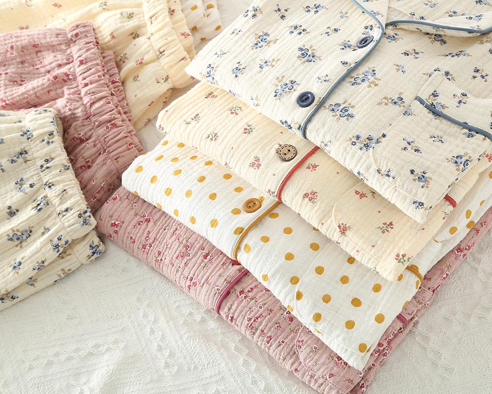 Women's Floral Double-Layer Cotton Gauze Pajama Set - Long Sleeve, Spring/Autumn