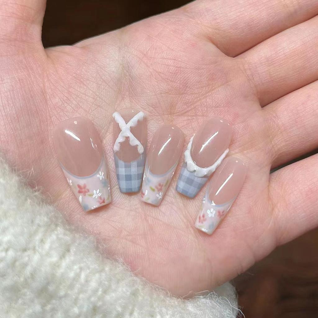 Spring Nail Art Wear Armor Handmade Gypsum Hand-painted Small Flower Plaid French Removable Nail Sheet