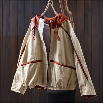 Women Vintage Patchwork Color Hooded Jackets Zipper Pockets Autumn Loose Casual Jackets