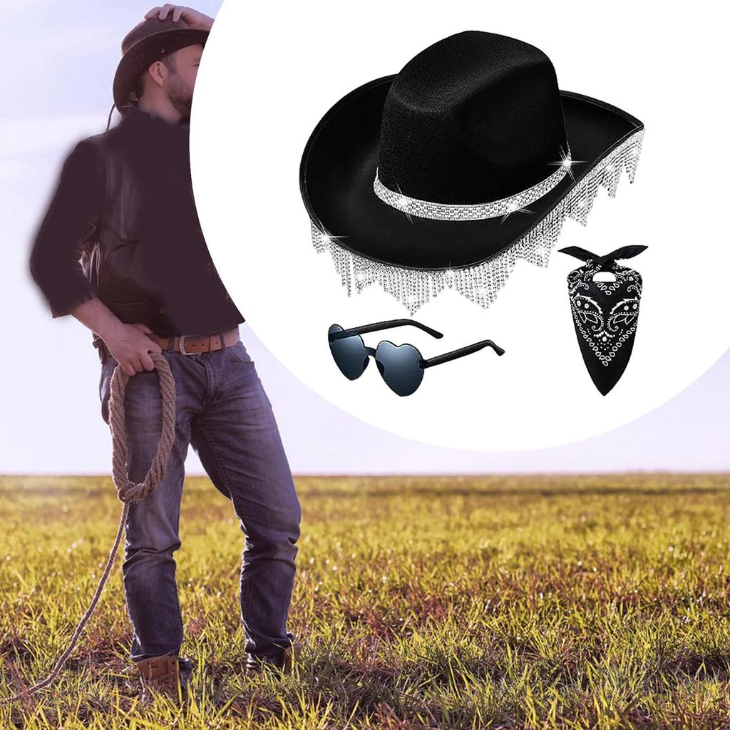 Western Tassels Cowboy Hat with Bandana Sunglasses Stylish Women Men Sunshade Hat for Fancy Dress Props Roles Play Beach Travel