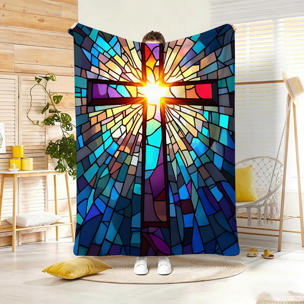 Artwork S-Stained Glass Cross Throw Lightweight 240g Flannel Blanket Soft Skin-friendly for Summer Cooling