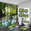 Duschvorhang-Set Naturszenerie Wald Wasserfall Wasserdicht Badezimmer Mit Teppichen Toilettenbezug Badvorleger Haken
