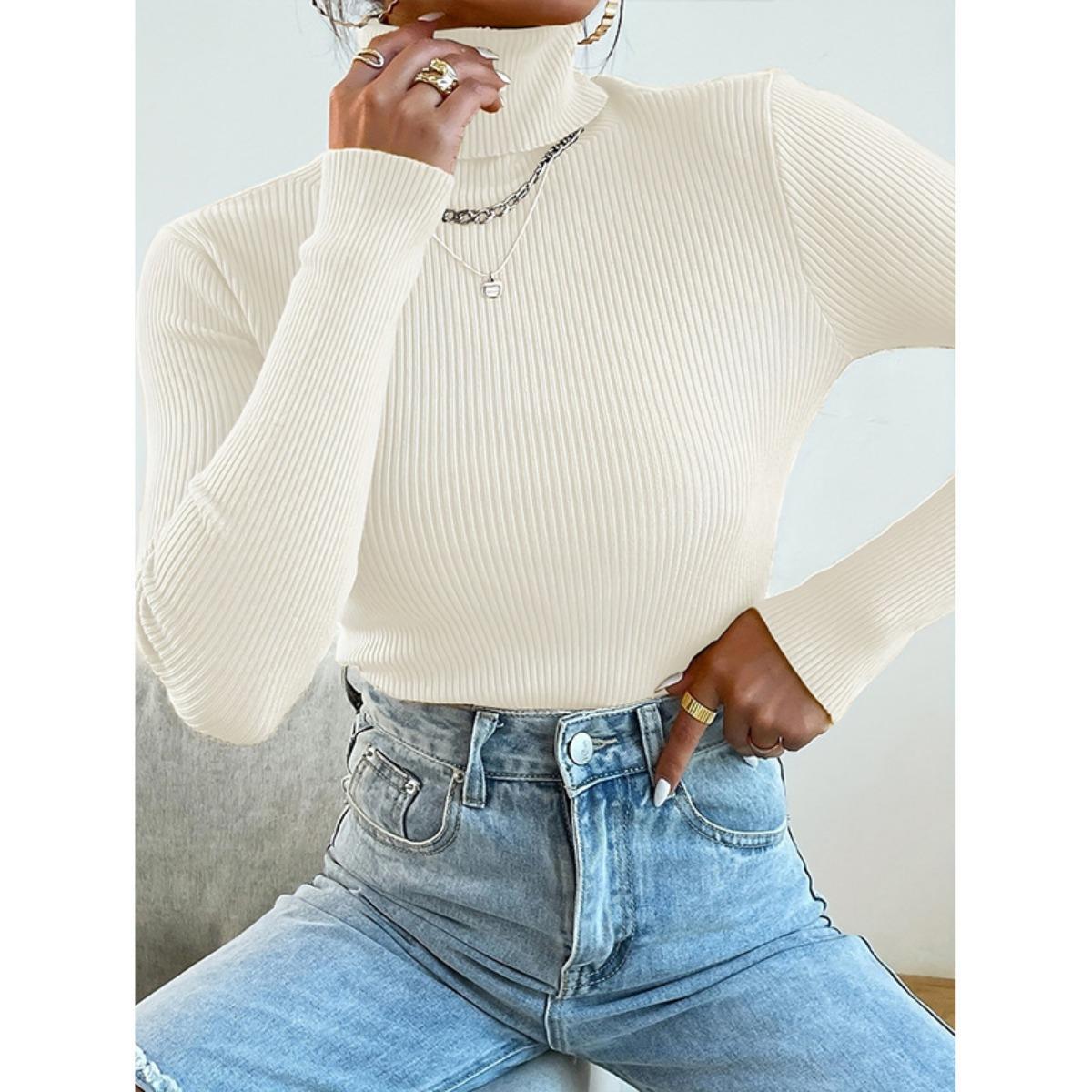New Women s Solid Turtleneck Sweater Long Sleeve Pullover Knit Top Casual Basic Base Layer for Women European American Fashion S белый 2700₽