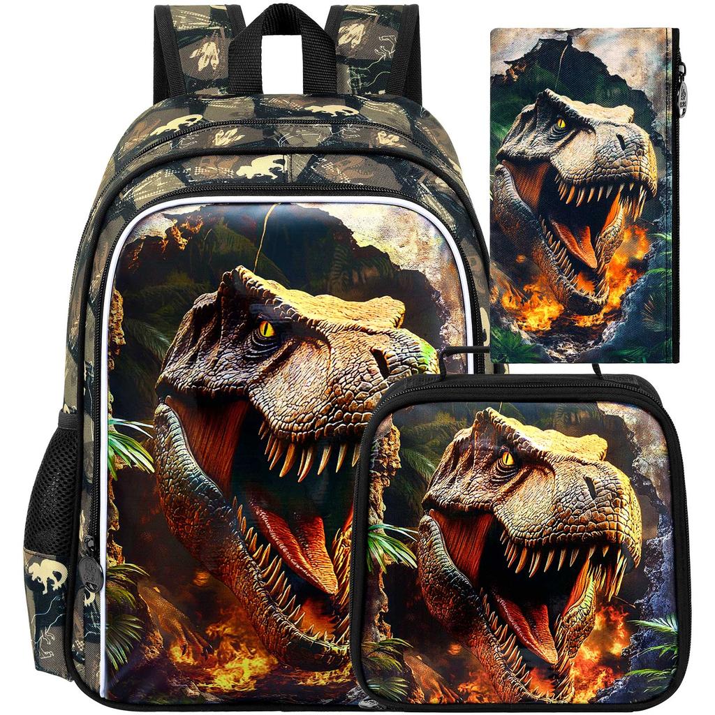 HPJGD 3 Pezzi Zaino per Bambini Dinosauro, Set Zaino Scolastico Impermeabile per Ragazzi con Portapranzo, Zaino Cool per Scuola Elementare, Scuola dell'Infanzia, Toddler