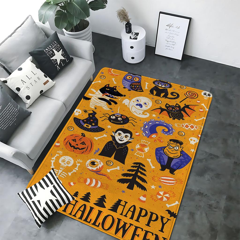 Halloween Themed Rectangular Rug Diverse Pumpkin Black Cat Patterns Soft Non Slip Carpet for Living Room Bedroom Decor
