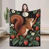 Celestial Squirrel Strawberry Flannel Blanket, Cottagecore Night Decor, Soft Fleece Throw
