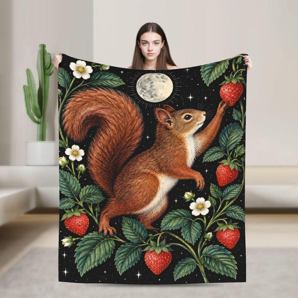Celestial Squirrel Strawberry Flannel Blanket, Cottagecore Night Decor, Soft Fleece Throw