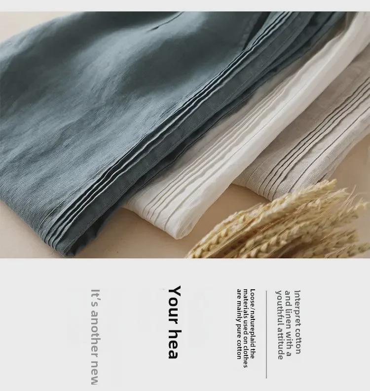 Damskie letnie spodnie z wysokim stanem z bawełny i lnu z szerokimi nogawkami i bocznymi zakładkami - casualowe spodnie z prostymi nogawkami w stylu koreańskim