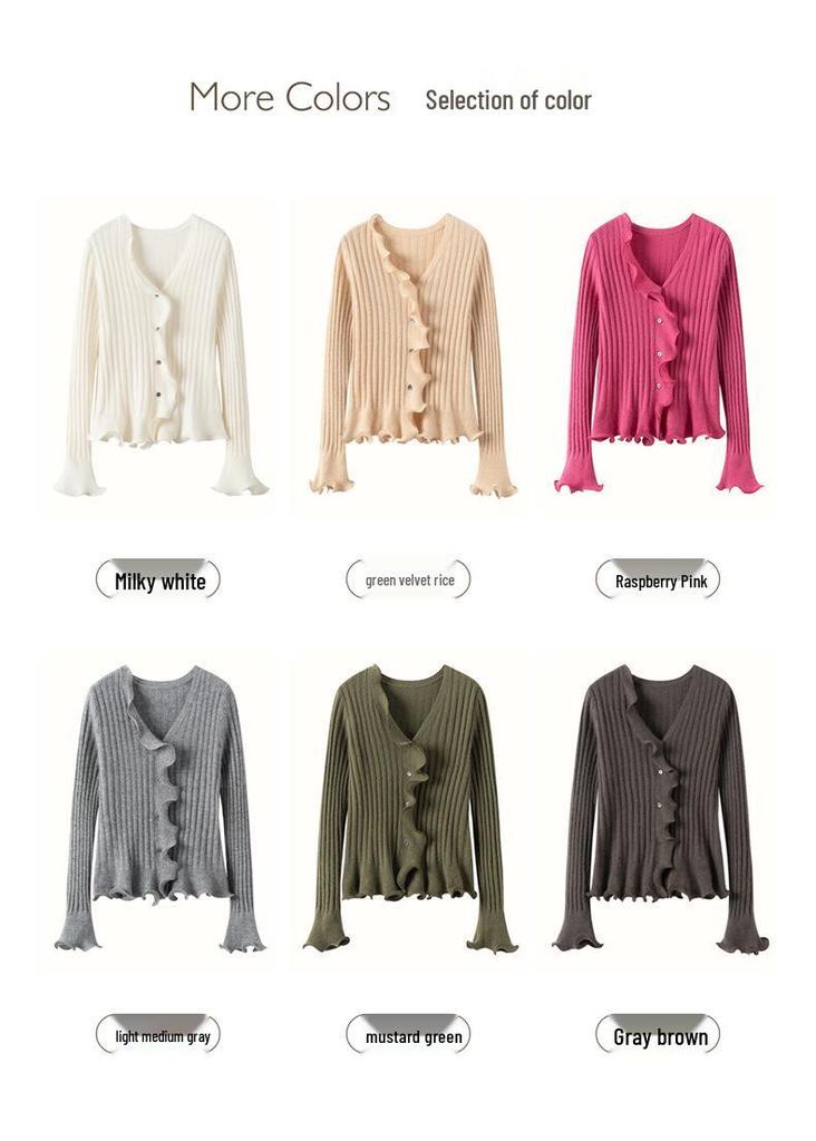 Elegant 3D Wave Edge Cashmere Ruffle Cardigan - Women's Autumn/Winter Flared Sleeve Knitwear
