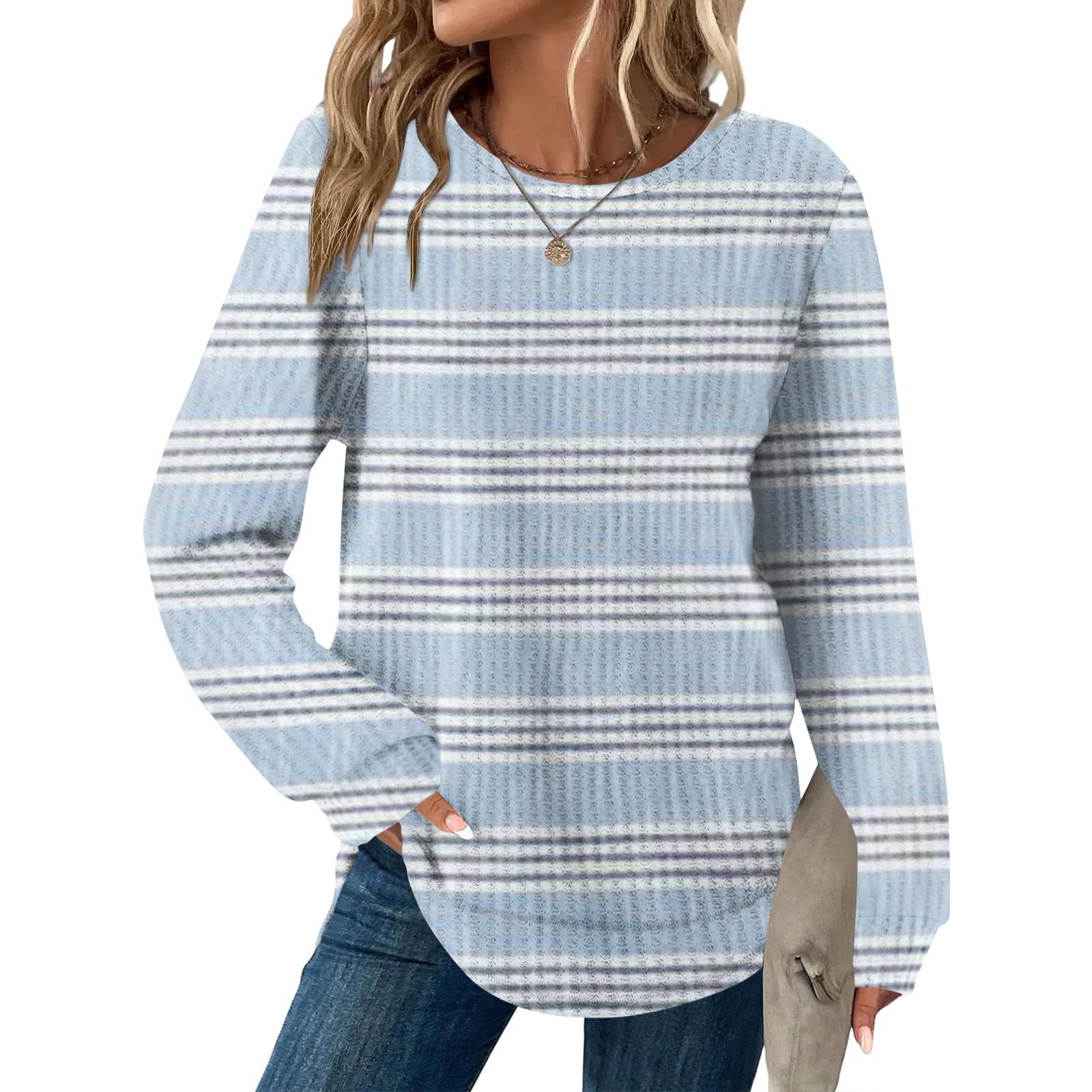 

Women s Striped Print Round Neck Long Sleeve Loose Casual Top L белый