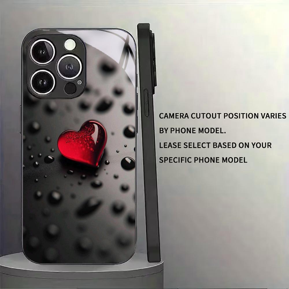 Red Heart Shape Glass Phone Case For iPhone 16 15 14 13 12 Pro Max Max Hard Shockproof Glossy Glass Back Cover Phone Shell