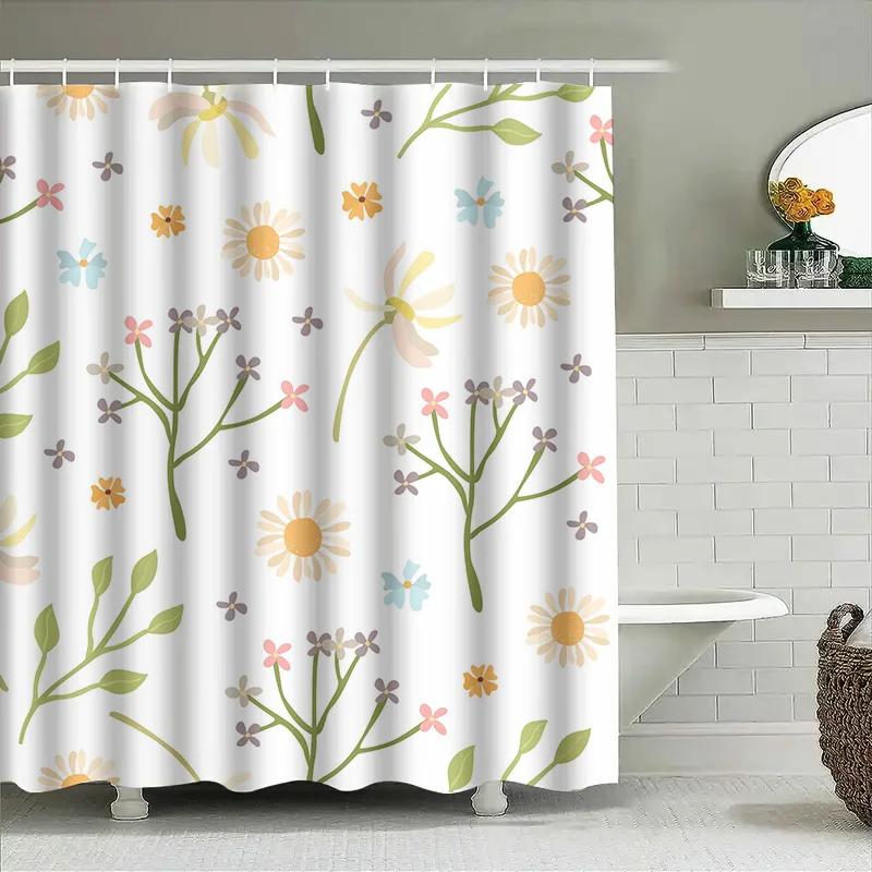 Spring Floral Shower Curtain Soft Waterproof Fabric Decorative Bathroom Liner for Kids' Bathroom White Green Yellow Purple Color