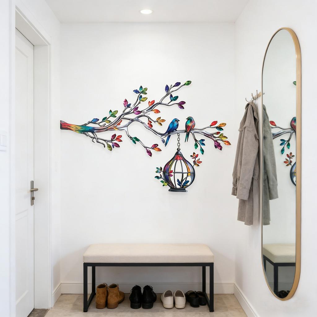 Decorative Metal Wall Art Branch with Birds and Hanging Lantern Sculpture Modern Minimalist Iron Wall Decor for Living Room Bedroom