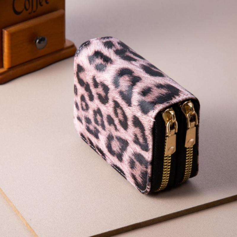 Leopard Print RFID Card Holder Wallet, Double Zipper Compact Bifold Purse, Multi-Card Slots, Anti-Theft Credit Card Organizer for Women, Men