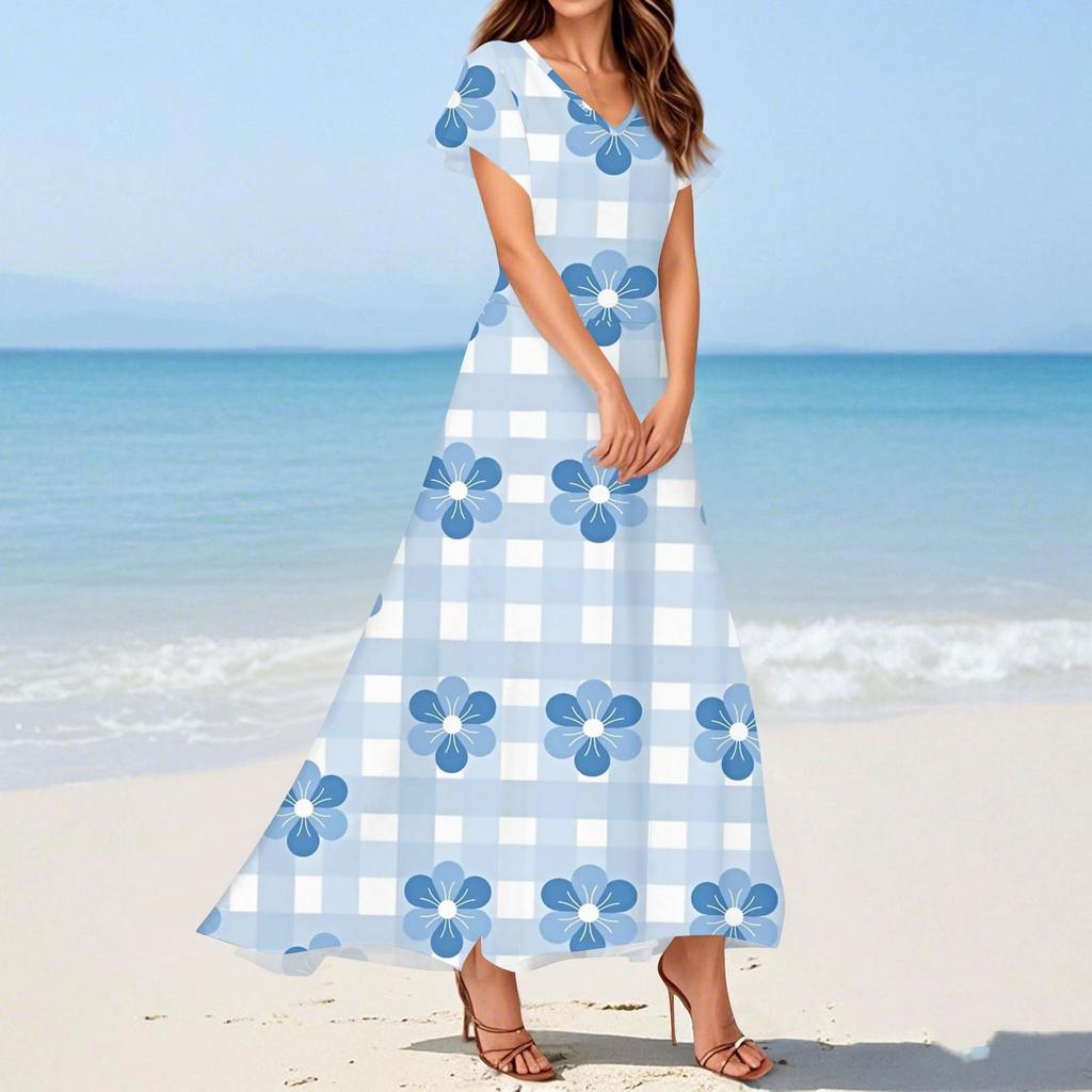 Women's Summer Casual Fashion Print Dresses V-Neck Short Sleeve Dresses
