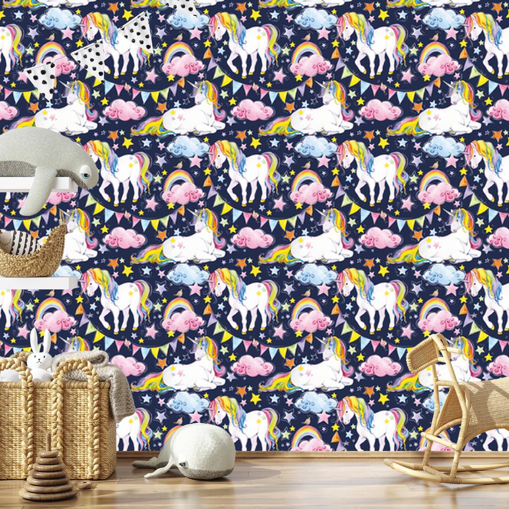 Wallpaper Colorful Unicorns and Rainbows for Living Room and Bedroom 50x1000