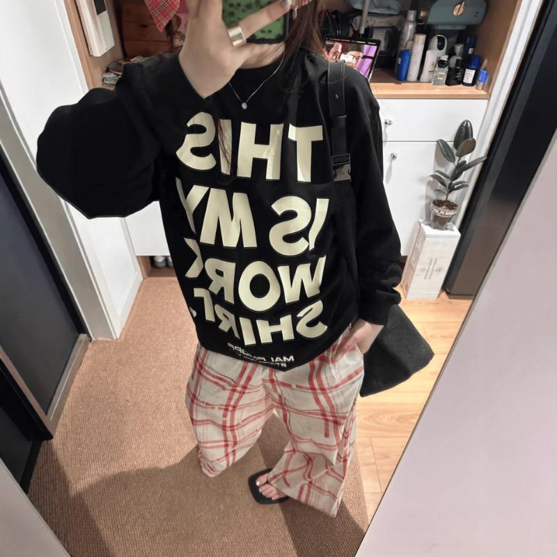 Spring Autumn Fashion Harajuku Letter Printing Cotton T-shirt Women Long Sleeve Loose Casual Pullover Tee Top