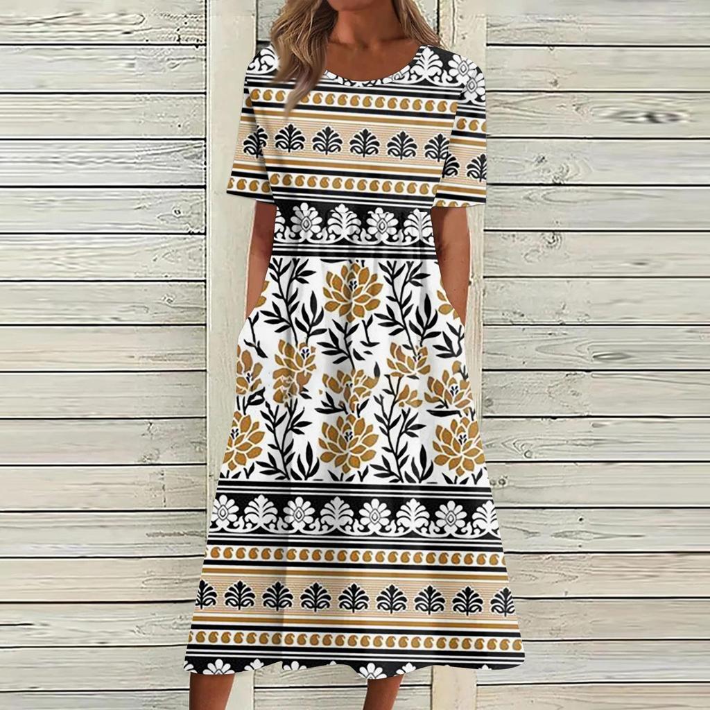 Women's Casual Dresses Printed Dresses Summer Dresses Printed Pleated Round Neck Midi Dresses Basic Classic Outdoor Daily Short Sleeve Loose Dresses