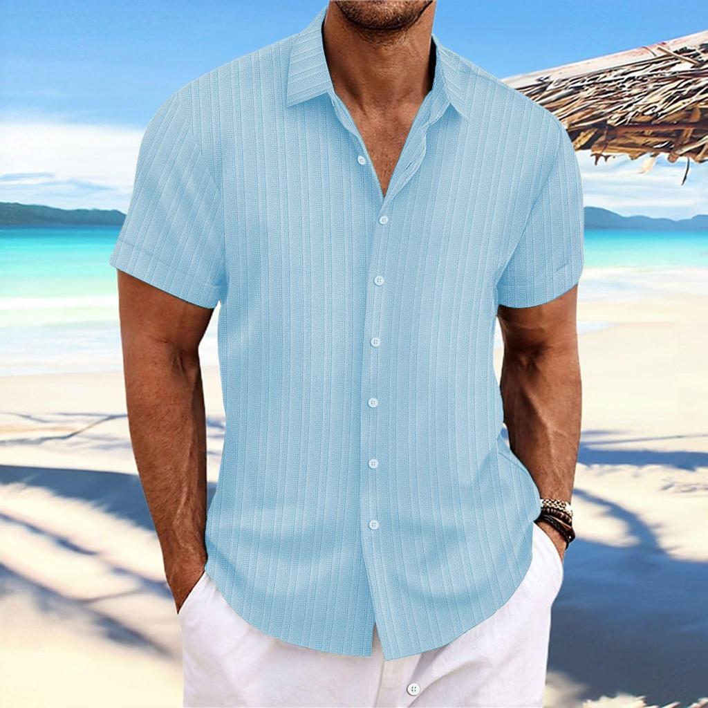 Herren Gestreiftes Baumwoll-Leinen Kurzarm Jacquard Freizeit Hemd
