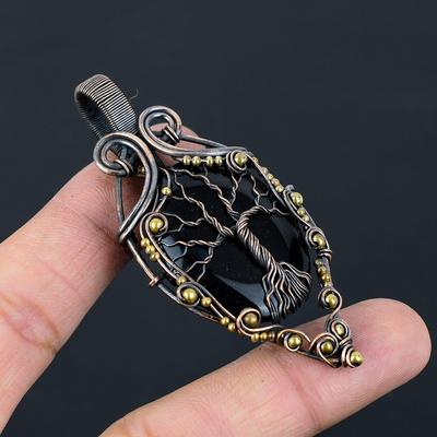 Tree Of Life Black Onyx Gemstone Pure Copper Wire Wrapped Handmade Pendant Jewelry
