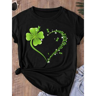 Damen Plus Size Kleeblatt Herz Muster T-Shirt Slim Fit Rundhals Frühling Sommer Oberteil
