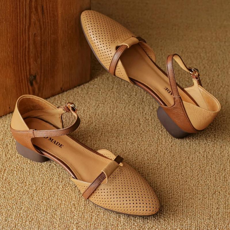 Fashion 2025 women's sheepskin mix color patchwork hollow-out ankle strap flats sandals pointed toe casual  summer shoe